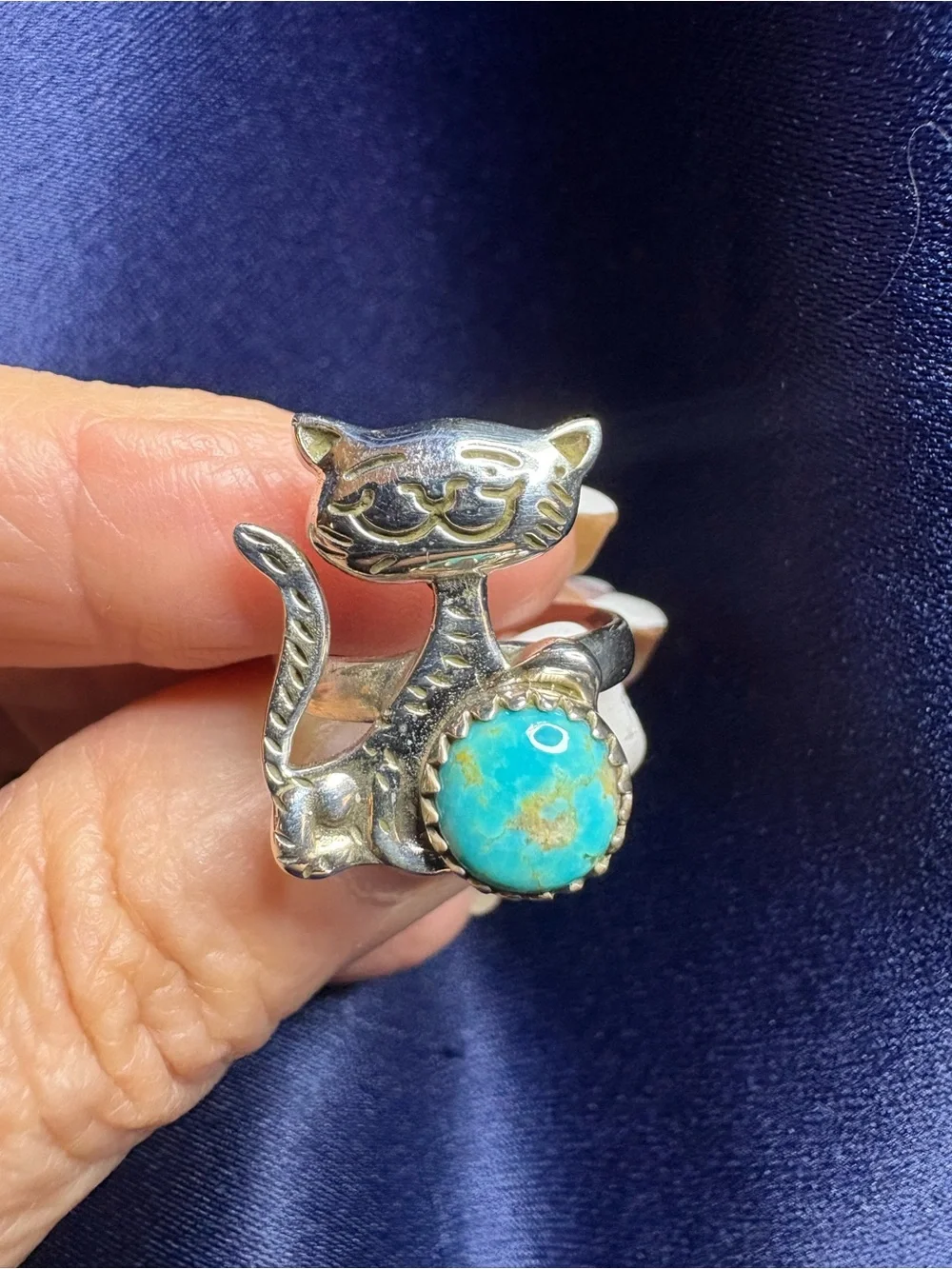 Ring Genuine Turquoise 925 Sterling Silver Cat Pet Animal